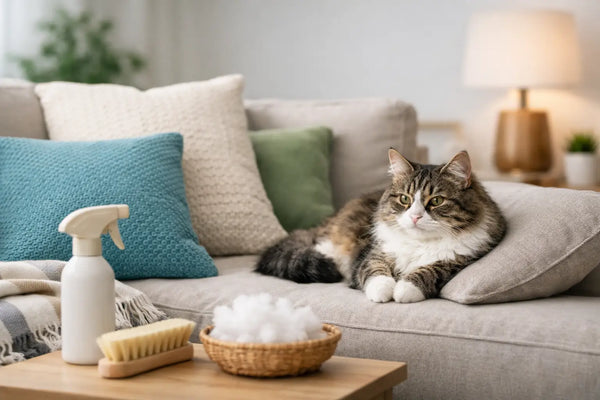 Rafraîchir les coussins avec un chat à la maison